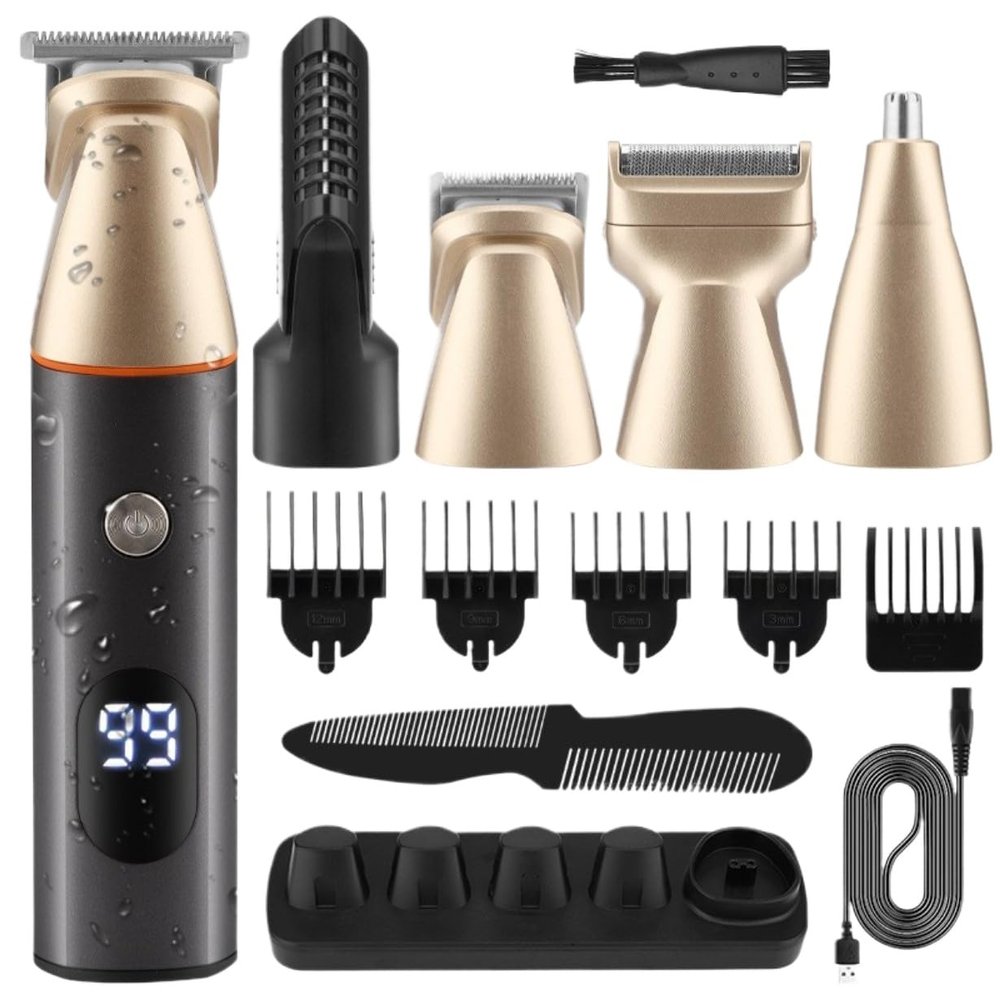 Waterproof Hair Trimmer Set, LCD Display, USB Rechargeable, Multiple Attachments for Hair, Beard, Body, Nose