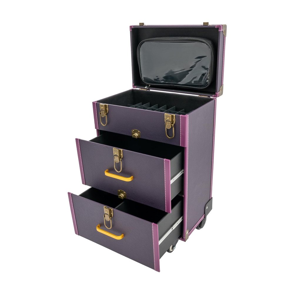Ageanbri Rolling Makeup Case with Drawers&4 Wheel, Cosmetic Case Trolley, Make Up Suitcase Cosmetic Trolley, Portable Multifunction Makeup Suitcase (Copper Clasp Purple)
