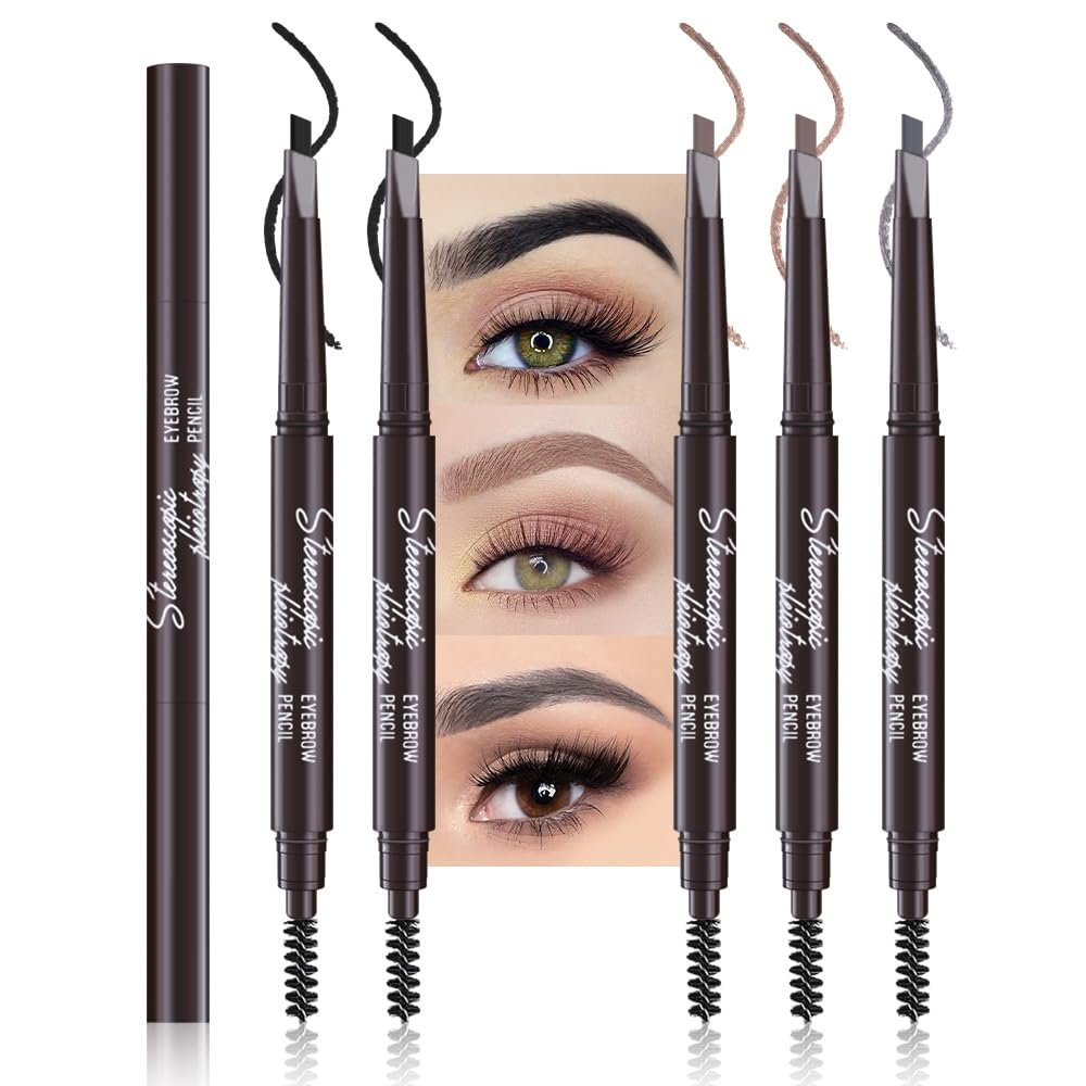 5 Pcs Ultimate Eyebrow Retractable Definer Pencils,Dual-Sided Natural Soft Textured Eyebrow Pencil, for Daily Look Eyebrow Makeup,Brow Brush,Fine Tip (2*black+2*milk tea+grey)