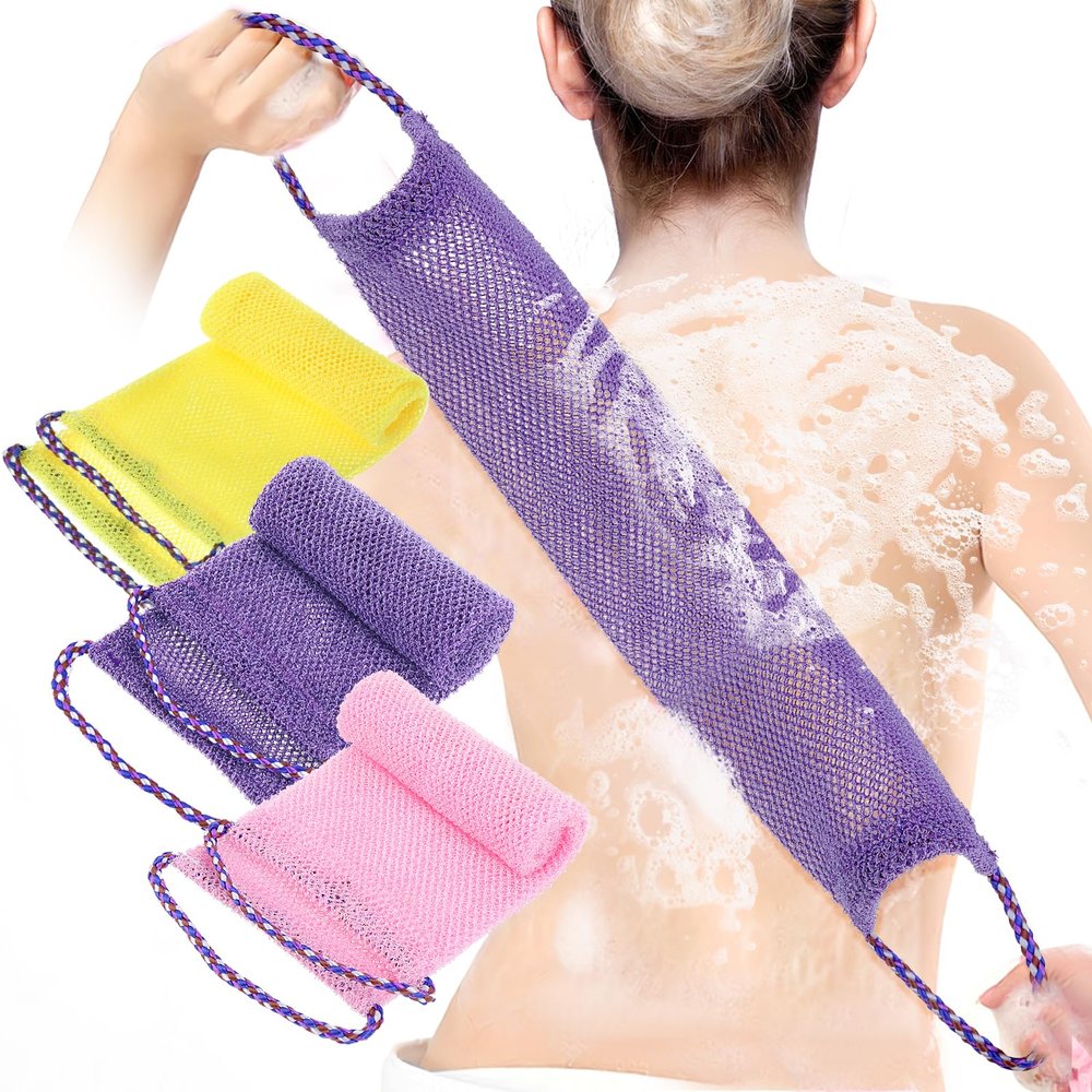 3 Pcs African Exfoliating Net Sponges, Exfoliating Back Scrubber for Shower Long African Net Washcloth Body Shower Loofahs Cloth Body Back Scrubber for Women Men (Purple+Pink+Yellow)