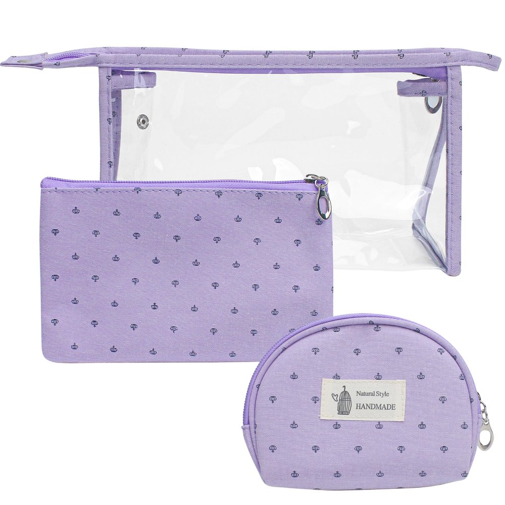 3Pcs Purple Toiletry Bag, Travel Makeup Cosmetic Cases Pouch Organizer with Zipper, Small Multifunctional Waterproof Beautiful Cosmatic Pencil Storage Purse Bags Set Large Capacity for Bathroom Women