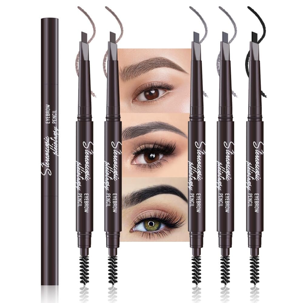 5 Pcs Ultimate Eyebrow Retractable Definer Pencils,Dual-Sided Natural Soft Textured Eyebrow Pencil, for Daily Look Eyebrow Makeup,Brow Brush,Fine Tip (2*black+2*dark brown+grey)