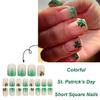 24Pcs St. Patrick's Day Press on Nails Short Square Fake Nails Gold Green Glitter French Tip Press ons Designs Shamrock False Nails Spring Artificial Glue on Nails Clover Acrylic Nails for Women Girls view 2