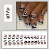 24Pcs Flower Press on Nails Short French Tip Fake Nails Black White Floral Glue on Nails Silver Glitter French Edge Design Cute False Nails Spring Square Artificial Nails for Women Fingers Manicure view 2