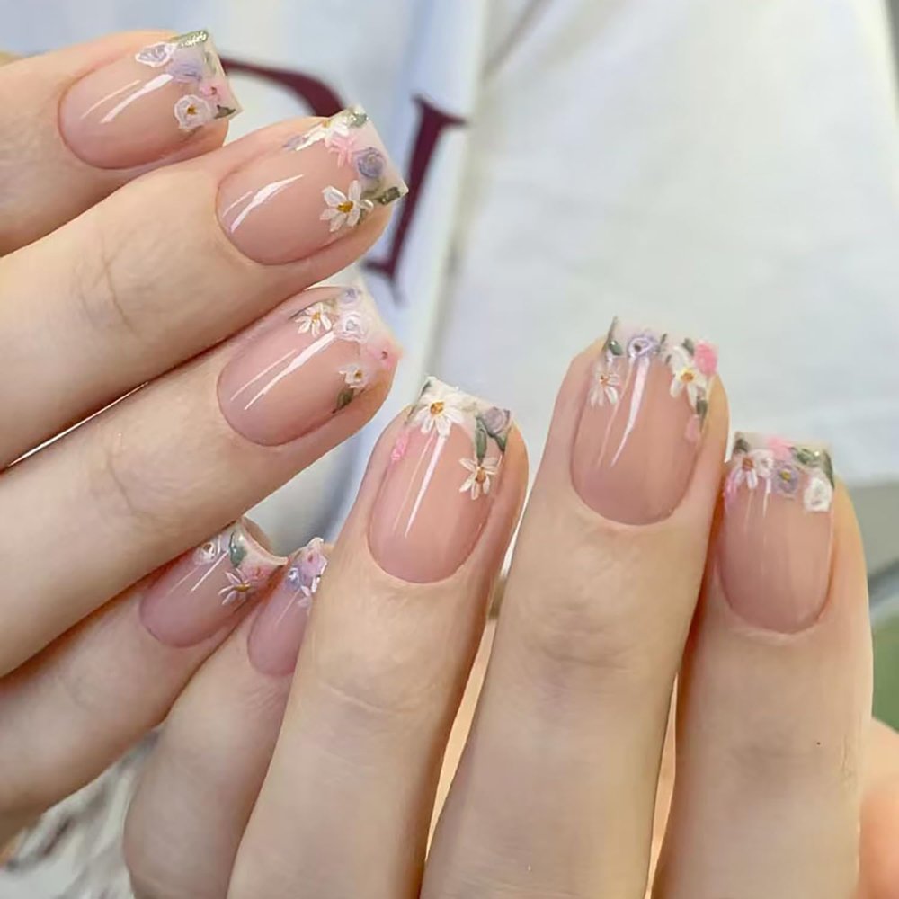 24Pcs Flower Press on Nails Short Fake Nails Floral French Nails Tip Design Spring Acrylic Nails Cute False Nails French Tip Stick on Nails Glossy Full Cover Glue on Nails Kit for Women Girls