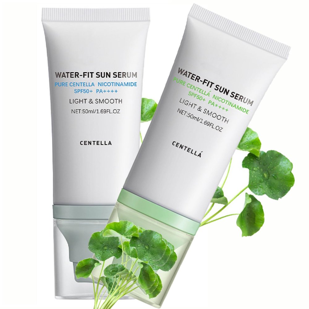 2 Pcs Centella Sunscreen, Lasting Lightweight Hydrating Centella Water-Fit Sun Serum SPF50 for All Skin Type and UV Defense.(Blue & Green)