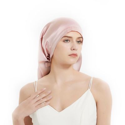 100% Mulberry Silk Bonnet 19 Momme - Long Sleeping Cap, Tie Band for Braids & Curly Hair - Silk Hair Wrap for Women Night Cap Light Pink