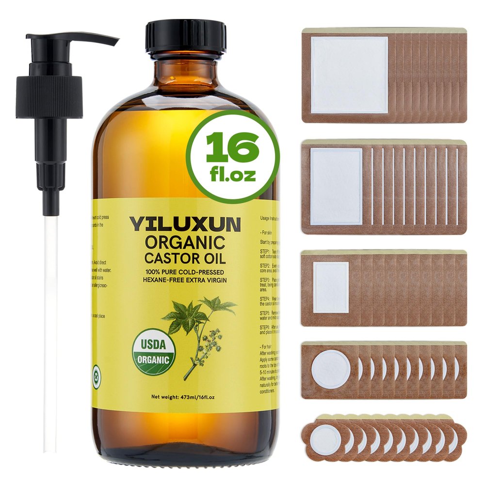 50Pcs Castor Oil Pack Wrap with 16oz castor oil Organic Cold Pressed Unrefined Glass Bottle,Disposable Castor Oil Patches for Belly Button,Stomach,Knee,Feet,Entire Body