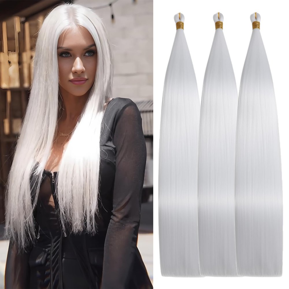 Locescsoc 28 Inch Straight Hair Extensions 150g 3 Packs Bone Straight Braiding Hair, Soft Synthetic Bundles Crochet Braids Hair Bundles for Braiding (white, 28 Inch 3 Bundles)