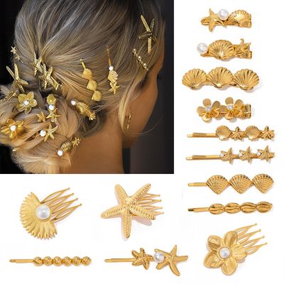 (15 pieces) Gold metal Starfish hairpin Pearl Hairpin Flower broken hairpin comb High sense duck beak clip for women girl brides bridesmaids hair accessories