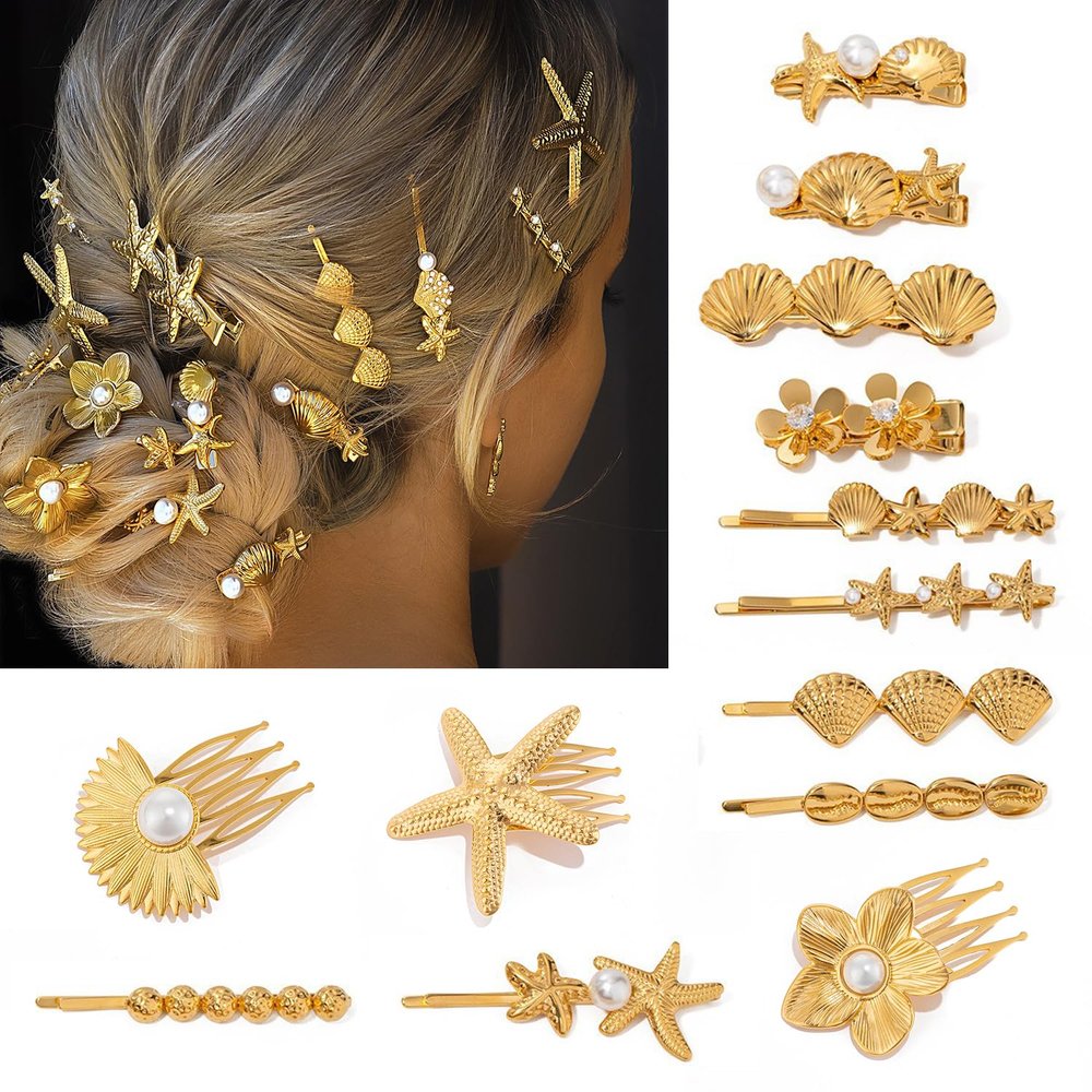 (15 pieces) Gold metal Starfish hairpin Pearl Hairpin Flower broken hairpin comb High sense duck beak clip for women girl brides bridesmaids hair accessories