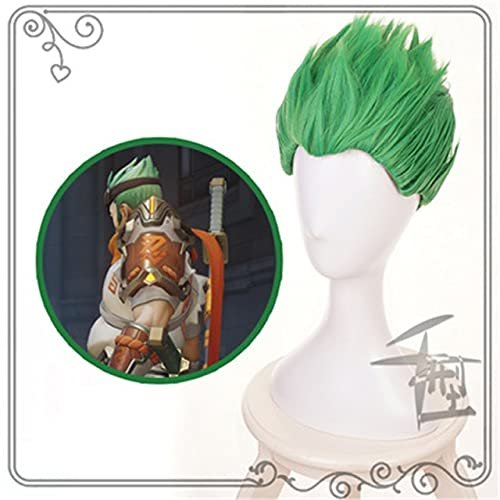 OWOISS Overwatch Young Genji Ow Short Green/Black Cosplay Costume Wigs Slicked-Back Heat Resistant Synthetic Hair Pelucas Anime Wig Qx Green