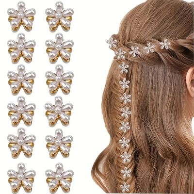 12 Pcs Small Mini Pearl Hair Claw Clips with Flower Design Pins Artificial Bangs Clips Decorative Hair Accessories for Women Girls Kids