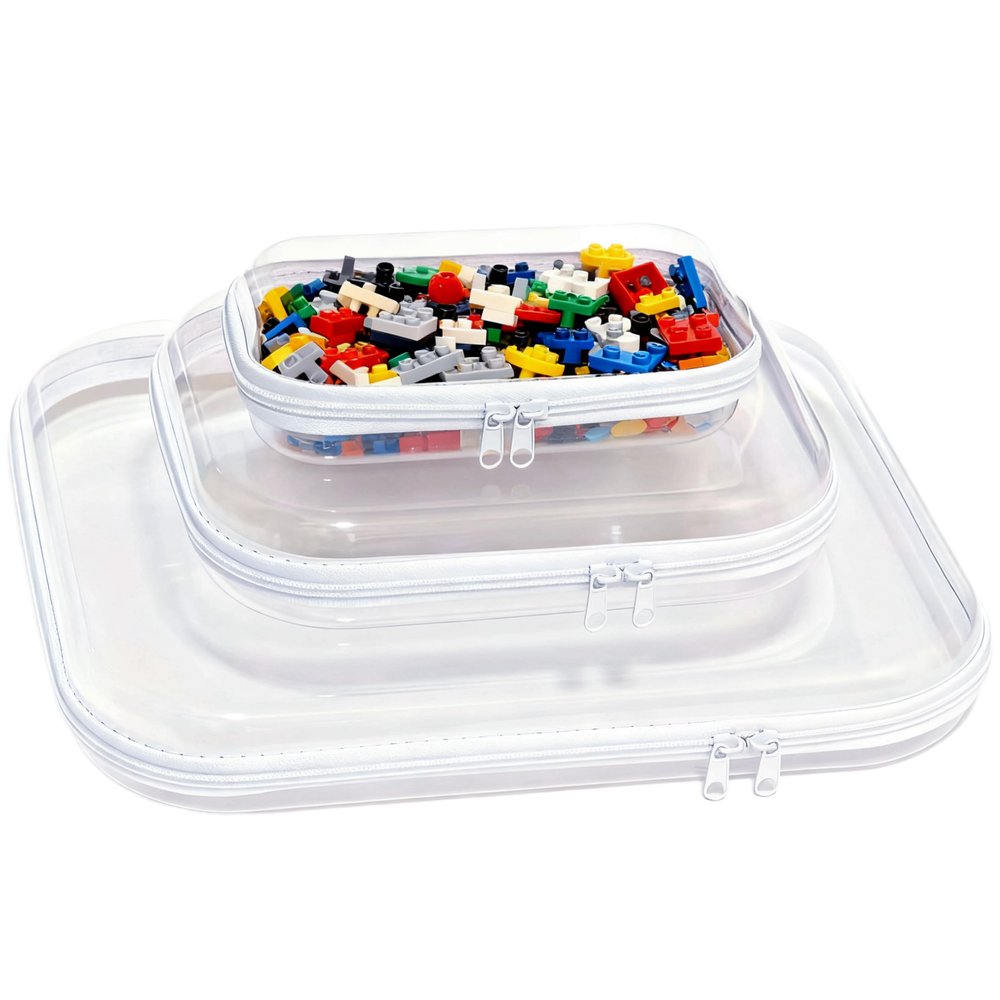 3PCS Clear Hard Plastic Zipper Case, Double Zippers Hard Pouch, Portable Travel Organizer Bin Clear Makeup Bag for Toy Storage, Snack Bag, Cosmetics, Pencil Case, Diaper Bag, Toiletry Bag (1L+1M+1S)