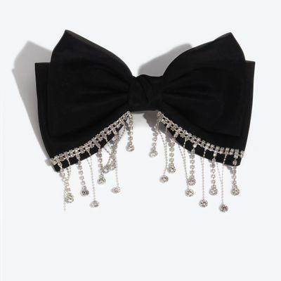 2 colors Korean version small fragrant style high ponytail top clip spring clip hair accessory fashionable temperament tassel rhinestone handmade bow hair clip (black)
