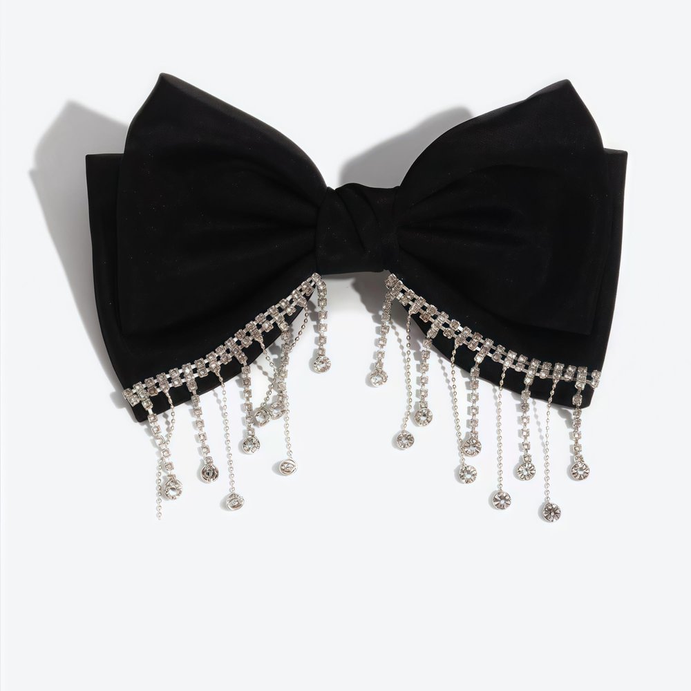 2 colors Korean version small fragrant style high ponytail top clip spring clip hair accessory fashionable temperament tassel rhinestone handmade bow hair clip (black)