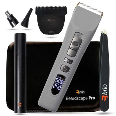 Brio Beardscape V1 Gray Bundled with Zero Blade, Nose Trimmer, Tweezer & Pro Travel Case, Featuring Adjustable Ceramic Blade & Length Guards, a Complete Kit for All Your Grooming Needs