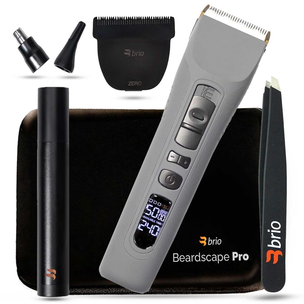 Brio Beardscape V1 Gray Bundled with Zero Blade, Nose Trimmer, Tweezer & Pro Travel Case, Featuring Adjustable Ceramic Blade & Length Guards, a Complete Kit for All Your Grooming Needs