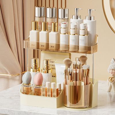 2 Tier Makeup Organizer, 360 Rotatable Cosmetic Storage Box, Large Capacity Countertop Organizer for Bathroom, Dressing Table, Skincare Products, Perfumes, Easy to Install, Ideal Gift (Tawny)