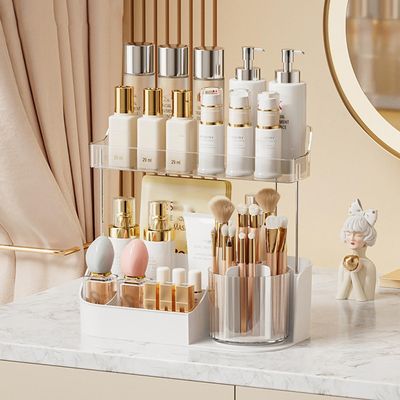 2 Tier Makeup Organizer, 360 Rotatable Cosmetic Storage Box, Large Capacity Countertop Organizer for Bathroom, Dressing Table, Skincare Products, Perfumes, Easy to Install, Ideal Gift (White)