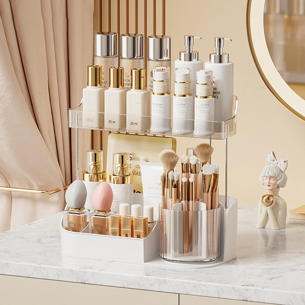 2 Tier Makeup Organizer, 360 Rotatable Cosmetic Storage Box, Large Capacity Countertop Organizer for Bathroom, Dressing Table, Skincare Products, Perfumes, Easy to Install, Ideal Gift (White)