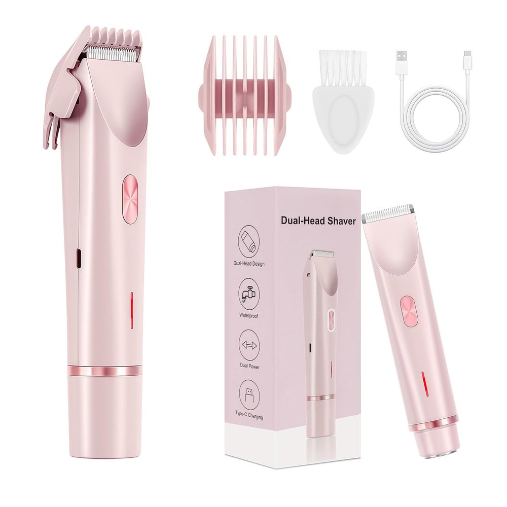 2025 2-in-1 Bikini Trimmer for Women - Painless Electric Razor, IPX7 Waterproof Dual Head Body & Facial Hair Remover for Sensitive Skin(Pink) (Pink)