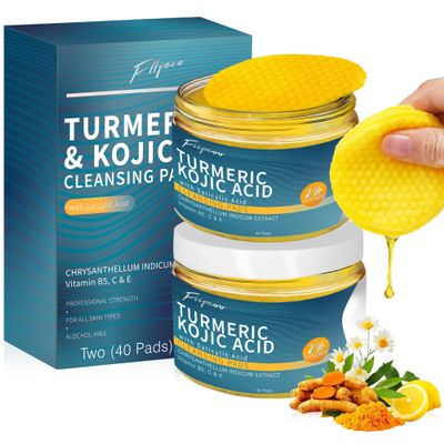 Turmeric Kojic Acid Cleansing Pads - 80 Pcs in 2 Jars - Exfoliating & Hydrating Turmeric Cleansing Pads for Face