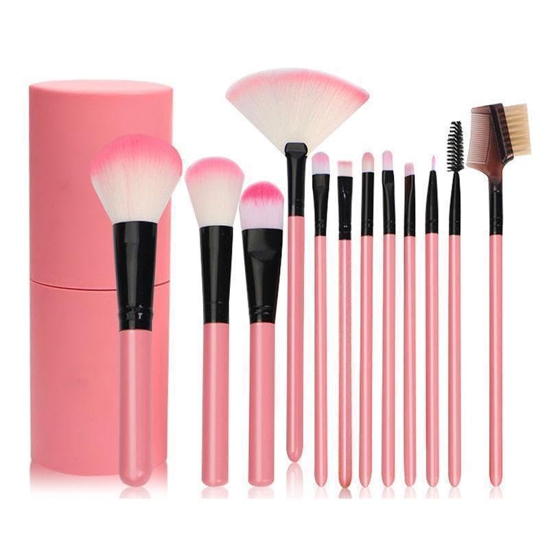 12pcs makeup brush barrel brushes, beginner makeup brushes, foundation and blush brushes, multi-purpose beauty tools(Pink)