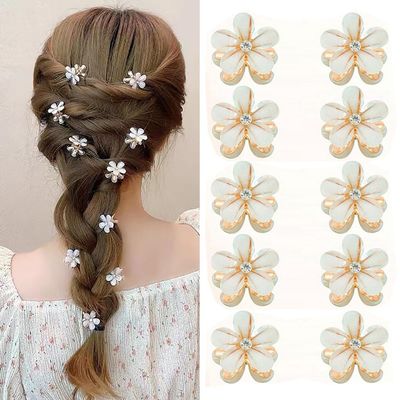 10 Pcs Sweet Mini Cute Flower-Shaped Hair Clips, Crystal Rhinestone Petal Small Hair Claw Clips Fashion Long Braid Hairstyles for Women Hair Accessories (White)