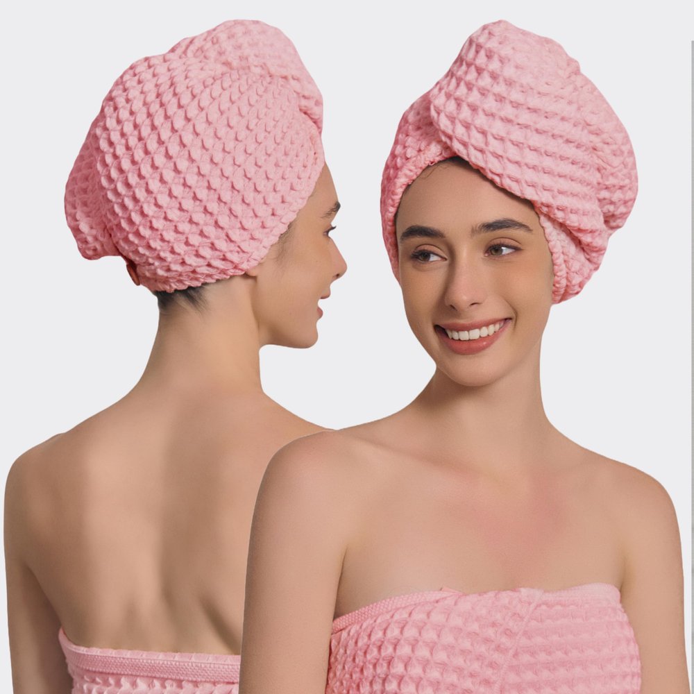 100% Organic Cotton Hair Drying Waffle Towel Wrap for Women | Absorbent & Quick Dry Head Turban for Wet Hair in Shower Sauna Spa, Extra Large for Long Straight Curly Plopping Button (Pink, 1 PACK)
