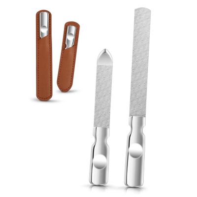 BELLIFFY 2pcs Stainless Steel Nail File Grooming Kit for Men Women Double Sided Manicure Tool Leather Case
