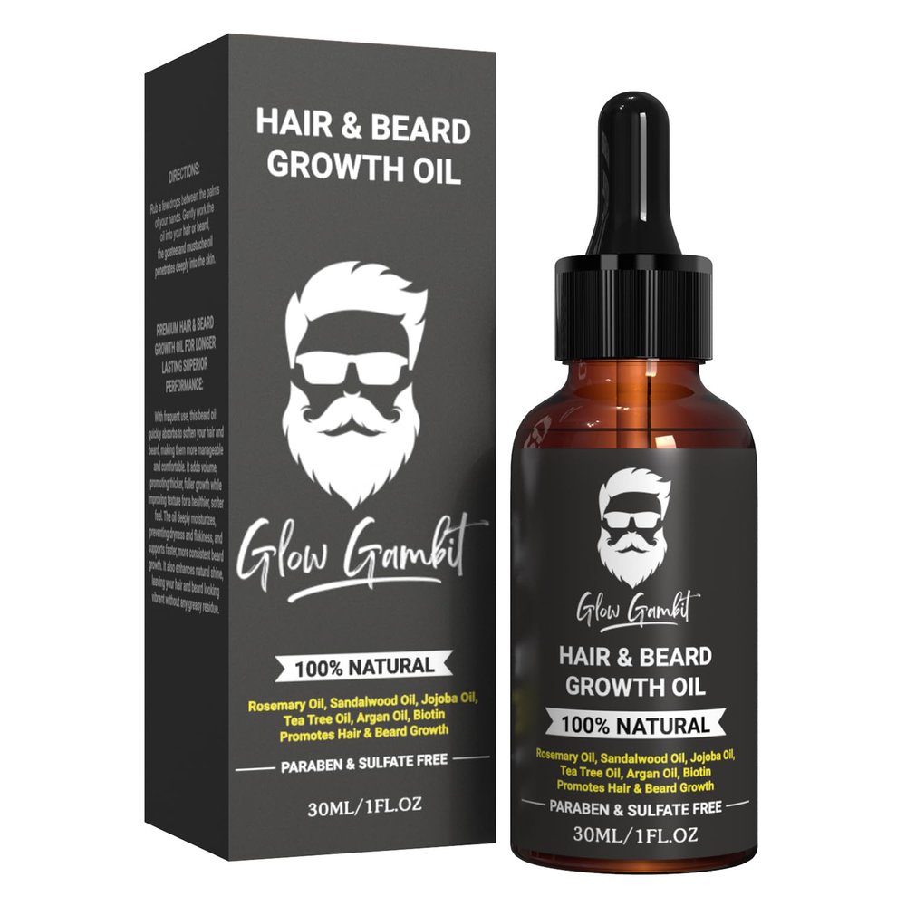 Glow Gambit Sandalwood Rosemary Natural Beard Oil for Men, 2-In-1 Beard Softener with Biotin, Jojoba Oil, Almond Oil Castor Oil With 11 Natural Beard Oils, for Scalp, Hair & Beard -1oz.