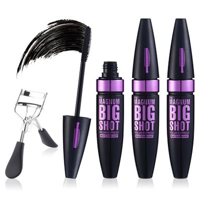 3 PCS 4D Silk Fiber Lash Mascara Volume and Length Waterproof Tubing Telescopic Mascara Black with Eyelash Curler,Volumizing Smudge Proof,Long-Lasting Curling Thickening F