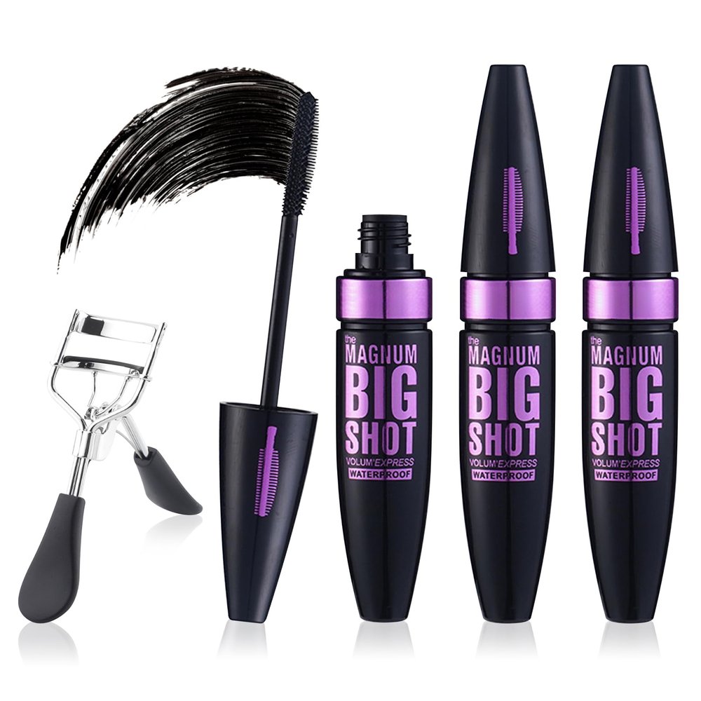 3 PCS 4D Silk Fiber Lash Mascara Volume and Length Waterproof Tubing Telescopic Mascara Black with Eyelash Curler,Volumizing Smudge Proof,Long-Lasting Curling Thickening F
