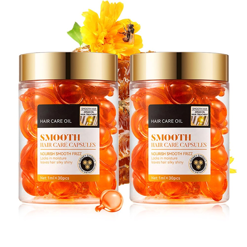60PCS Hair Serum Oil Capsules, Moisturizing Hair Serum for Frizzy, Dry and Damaged Hair, Smooth, Non-greasy, Refreshing Long Lasting Nourishing Hair Oil for WomenHoney