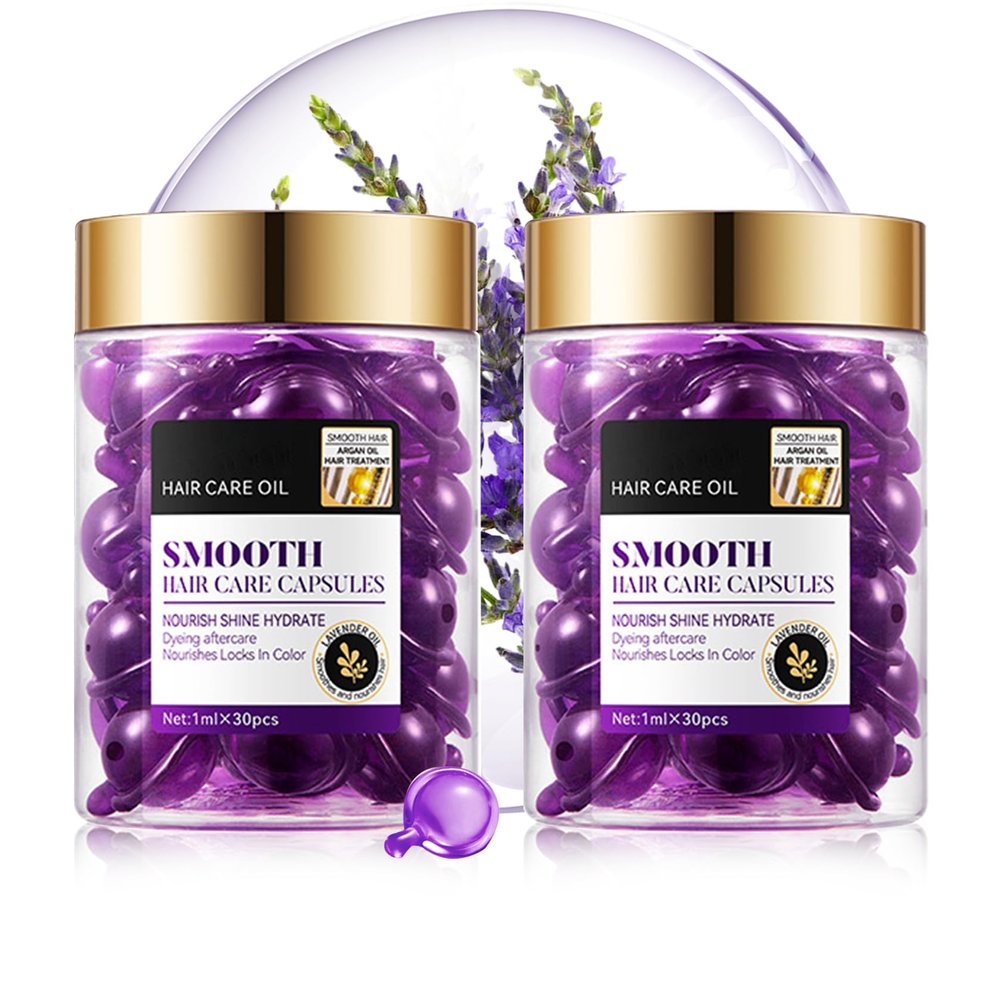 60PCS Hair Serum Oil Capsules, Moisturizing Hair Serum for Frizzy, Dry and Damaged Hair, Smooth, Non-greasy, Refreshing Long Lasting Nourishing Hair Oil for WomenLavender