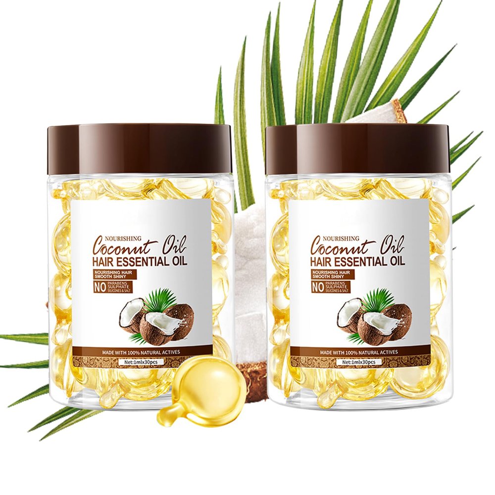 60PCS Hair Serum Oil Capsules, Moisturizing Hair Serum for Frizzy, Dry and Damaged Hair, Smooth, Non-greasy, Refreshing Long Lasting Nourishing Hair Oil for WomenCoconut Oil