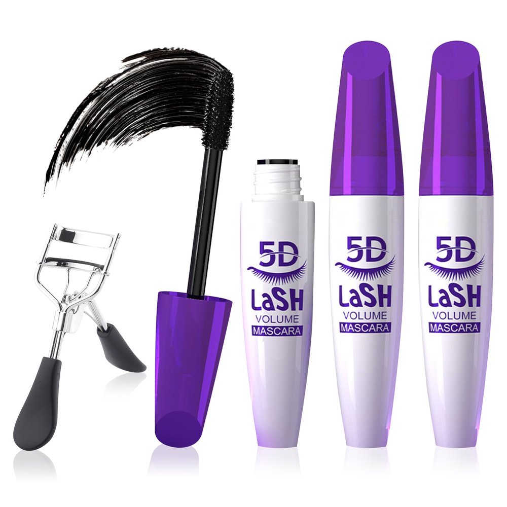 3 PCS 4D Silk Fiber Lash Mascara Volume and Length Waterproof Tubing Telescopic Mascara Black with Eyelash Curler,Volumizing Smudge Proof,Long-Lasting Curling Thickening C