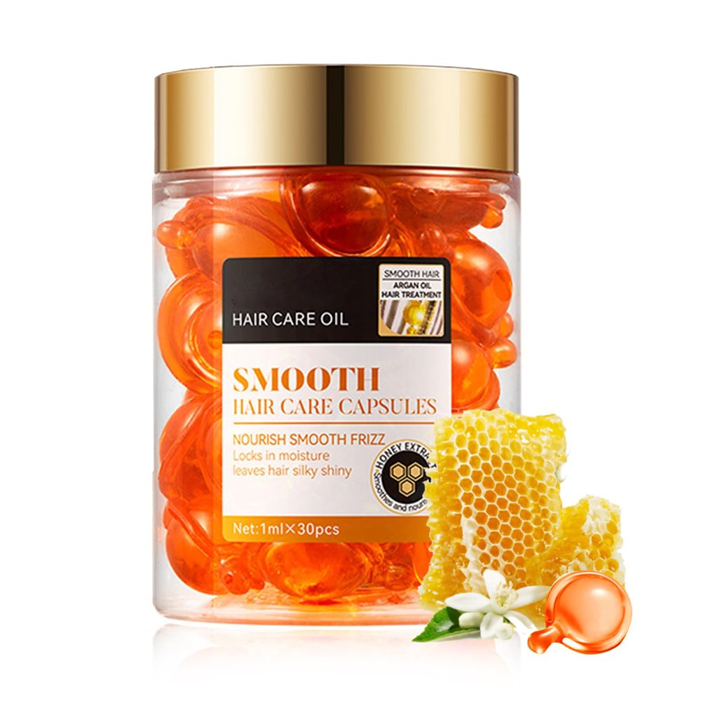 30PCS Hair Serum Oil Capsules, Moisturizing Hair Serum for Frizzy, Dry and Damaged Hair, Smooth, Non-greasy, Refreshing Long Lasting Nourishing Hair Oil for WomenHoney
