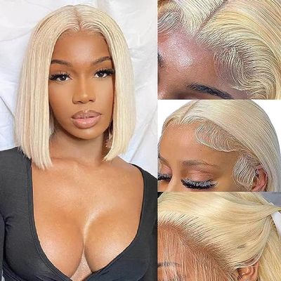 13x6 Blonde HD Transparent Lace Front Wigs For Woman 613 Human Hair Short Bob Straight Brazilian Human Hair Wigs Pre Plucked (200 density, 613 straight, 14inch)