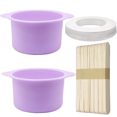 2pcs Silicone Wax Warmer Liner & 50 Pcs Waxing Sticks Body Hair & 50 Pcs Protective Collars Ring Removal Sticks Applicator Easy to Clean Non-Stick Wax Pot Silicone Bowl
