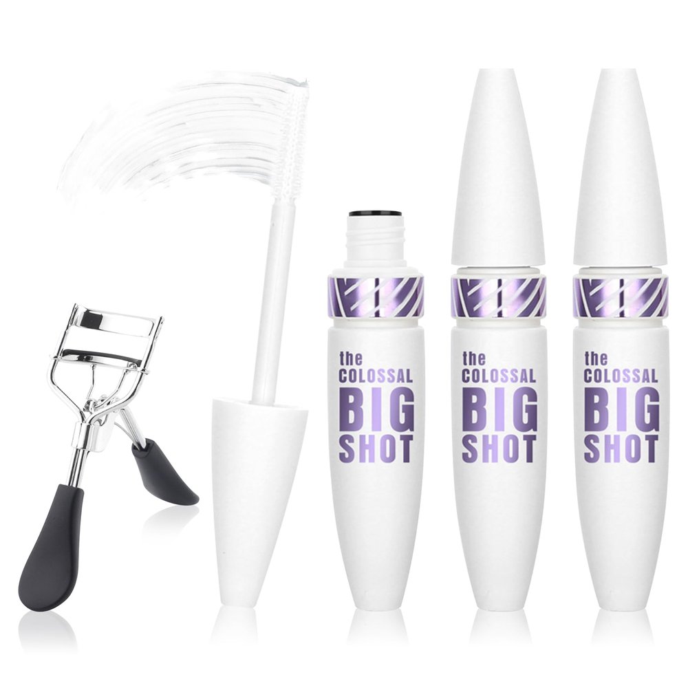 3 PCS 4D Silk Fiber Lash Mascara Volume and Length Waterproof Mascara White with Eyelash Curler,Volumizing Smudge Proof,Long-Lasting Curling Thickening B