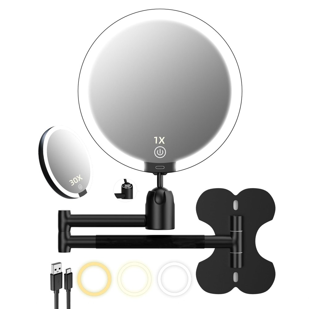 30X/1X Wall Mounted Lighted Makeup Mirror, 6inch Double Sided 1X/30X Magnifying Makeup Mirror with 3 Color Lights, Rechargeable Bathroom 30X Magnification Mirror 360 Rotation Extendable Folding Arm