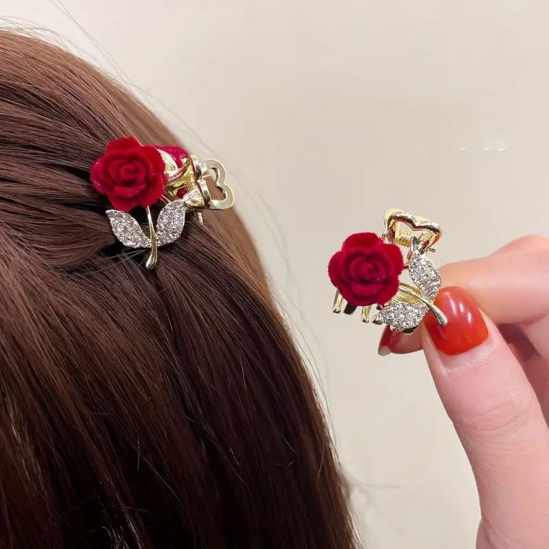 PLwelth Rose Hair Claw Clips for Women Girls Small Flower Hair Clips Mini Rose Flower Hair Claw Clips for Thick Thin Hair Cute Rhinestone Hair Clips Sweet Hair Accessories for Party Daily Decoration