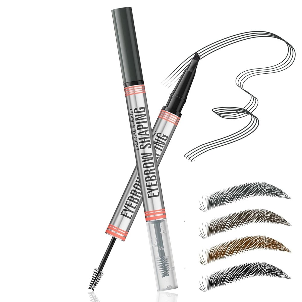2-in-1 Eyebrow Pencil with Gel,2025 NEW Waterproof Magic Eyebrow Pencil,Dual-Ended 3D Microblading Eyebrow Pen with 4 Tip & Eyebrow Brush, Makeup Long-Lasting Eyebrow Pen for Women (Black)