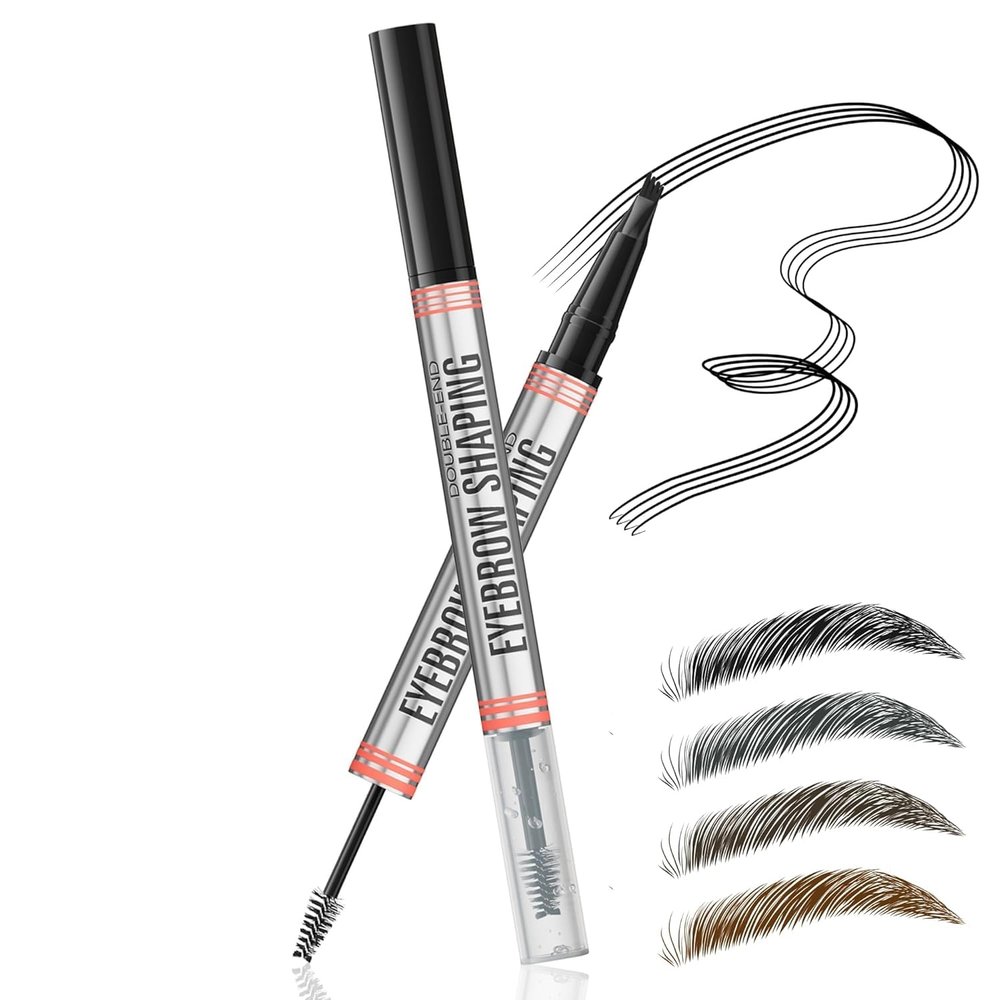 2-in-1 Eyebrow Pencil with Gel,2025 NEW Waterproof Magic Eyebrow Pencil,Dual-Ended 3D Microblading Eyebrow Pen with 4 Tip & Eyebrow Brush, Makeup Long-Lasting Eyebrow Pen for Women (Gray)