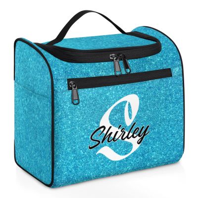 CURLYOOT Custom Travel Toiletry Bag for Women Men, Personalized Hanging Travel Bag for Toiletries with Name, Customized Makeup Organizer Bag for Cosmetics, Blue Glitter