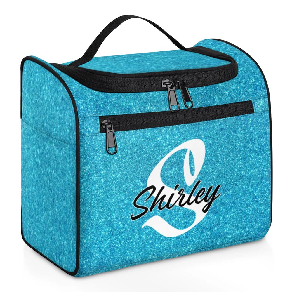 CURLYOOT Custom Travel Toiletry Bag for Women Men, Personalized Hanging Travel Bag for Toiletries with Name, Customized Makeup Organizer Bag for Cosmetics, Blue Glitter