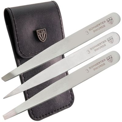 3 Swords Germany stainless steel precision tweezer set SILVERADO, slanted, straight, pointed eyebrows hair, synthetic leather case by 3 Swords