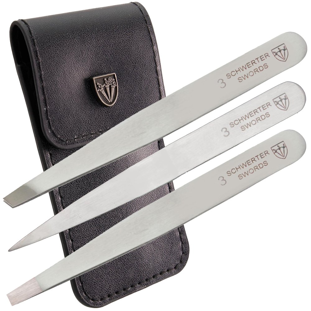 3 Swords Germany stainless steel precision tweezer set SILVERADO, slanted, straight, pointed eyebrows hair, synthetic leather case by 3 Swords